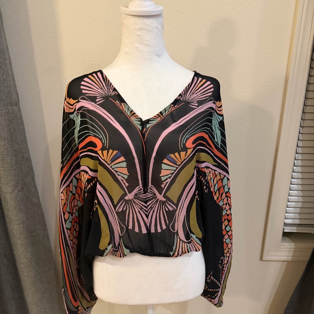 🌈 Free People Boho Abstract Print Sheer Blouse | Vibrant Long Sleeve Top